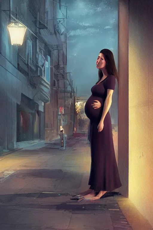 Image similar to pregnant woman under street light, highly detailed, sharp focused, ultra realistic digital concept art by Joongwon Charles Jeong