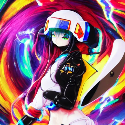 Prompt: : extremely beautiful photo of a black marble statue of an anime girl with colorful skateboard logos all over and helmet with closed visor, colorful hyperbolic background, fine art, neon genesis evangelion, offwhite, denoise, highly detailed, 8 k, hyperreal