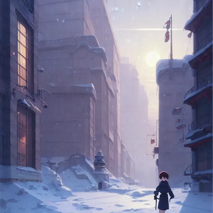 Image similar to empty huge city, winter, in the style of studio ghibli, j. c. leyendecker, greg rutkowski, artem