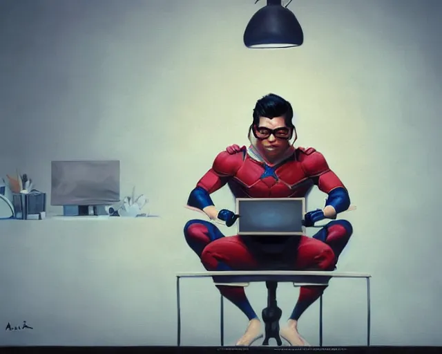 Prompt: an insanely detailed painting of a nerdy asian man wearing a superhero costume, sitting at a desk, staring at the nervously at the computer and typing, in the style of peter mohrbacher, dramatic lighting and composition, octane render, pixar, trending on artstation, concept art, comic book, view from behind