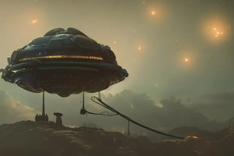 Image similar to an alien mothership shaped like a cat, steampunk, night, atmospheric lighting, trending in artstation, octane render, 4k, art style like studio ghibli,