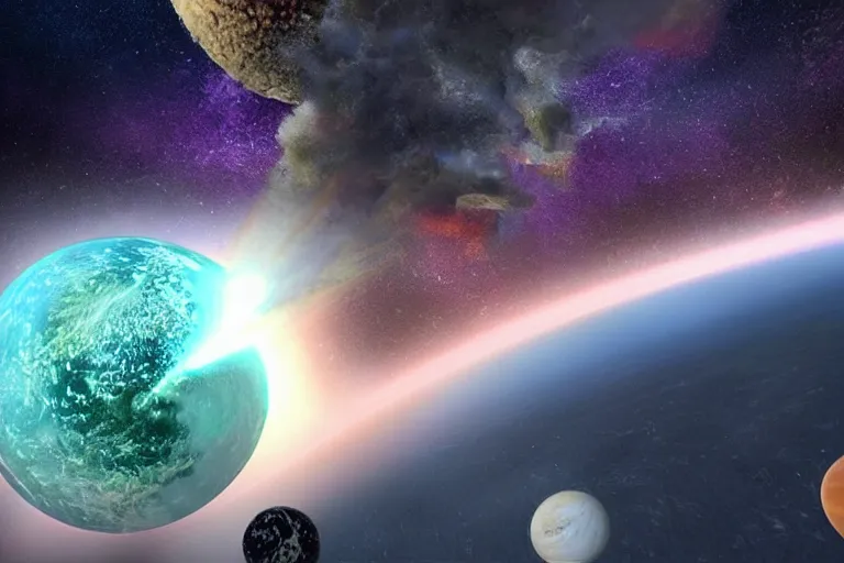Prompt: planet collision, huge explosions, hyper realistic, detailed