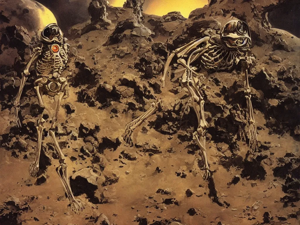 Prompt: a skeleton in spacesuit and broken helmet, Mars landscape in the background, by Frank Frazetta