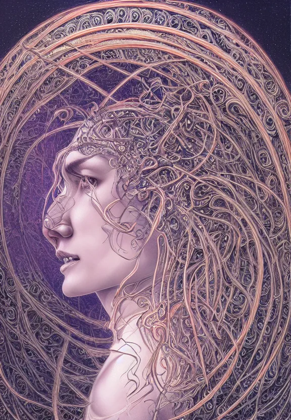 Prompt: perfectly centered portrait front view of a beautiful biomechanical moon goddess, flowing hair, intense stare, sweet smile, symmetrical, concept art, intricate detail, volumetric shadows and lighting, realistic oil painting by alex grey and gustave dore,