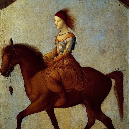 Image similar to never seen painting of a woman on a horse by leonardo da vinci
