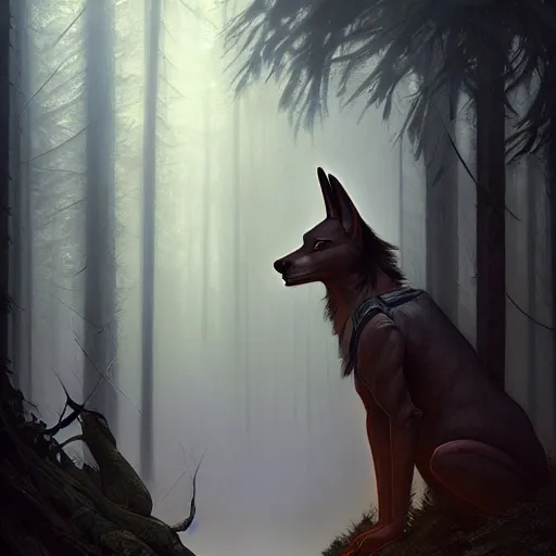 Image similar to long shot photo of anubis in the foggy forest, foggy bottom, highly detailed, digital painting, artstation, smooth, sharp focus, illustration, art by artgerm and greg rutkowski and alphonse mucha