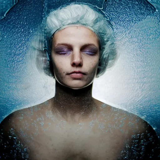 Image similar to futuristic female soldier eyes closed partly submerged in highly viscous clear fluid, frost particles, ice needles, cold blue light, complex hyperdetailed technical suit. white hair flowing. reflection. rays and dispersion of light. volumetric light. 5 0 mm, f / 3 2. noise film photo. ultra realistic, wide angle. rudolf herczog