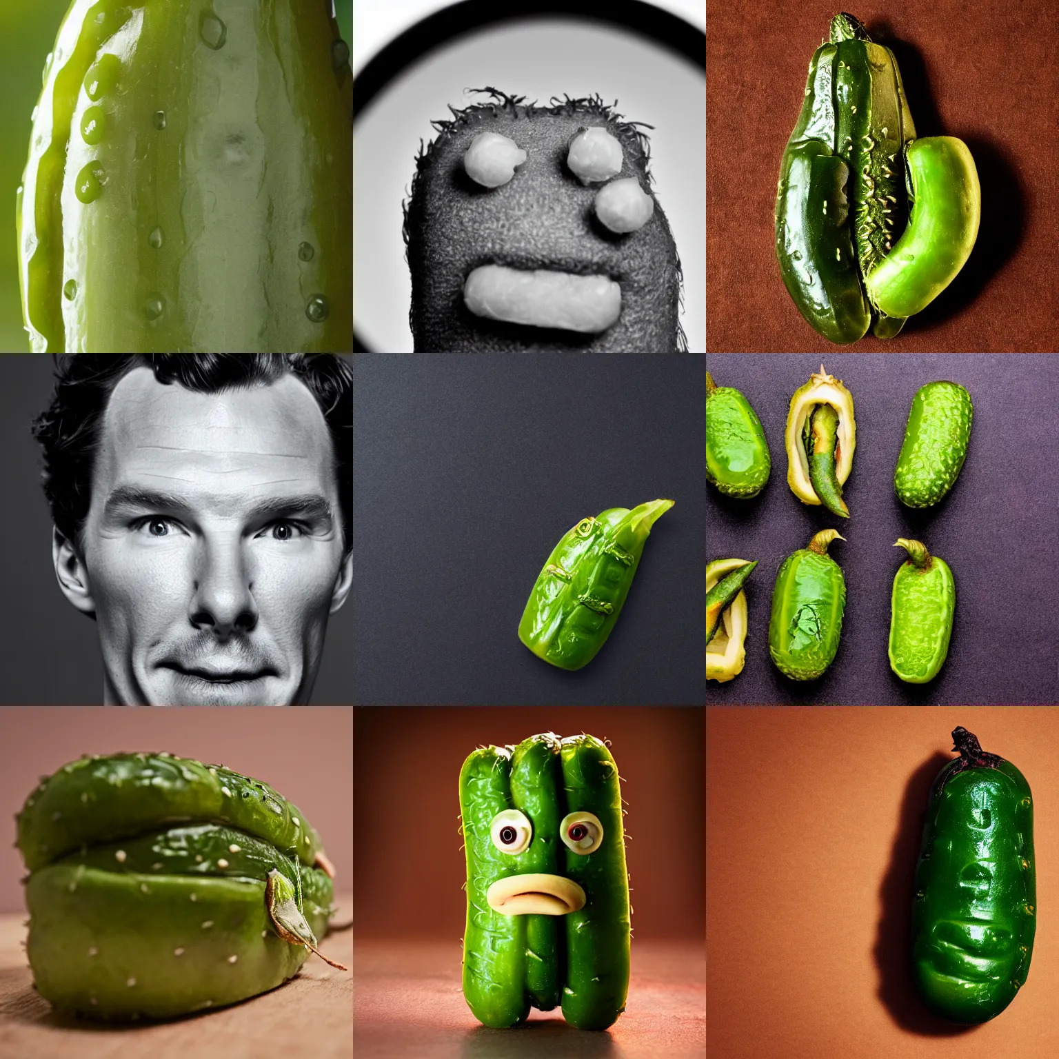 Prompt: benedict cumberbatch as a pickle, macro lens, detailed, high quality