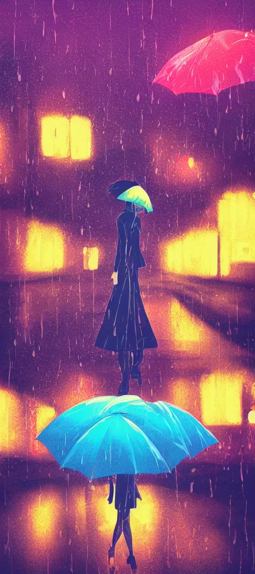 Prompt: beautiful acrylic style, lone girl holding umbrella, contrast, visible rain, vaporware cartoon, manga japan background, vibrant neon pastel, kawaii, rainy gloomy, rainy night