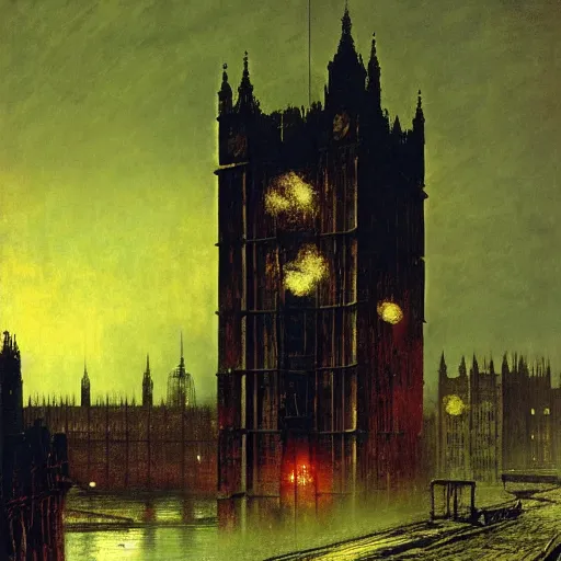 Prompt: the London Blitz, artwork by John Atkinson Grimshaw