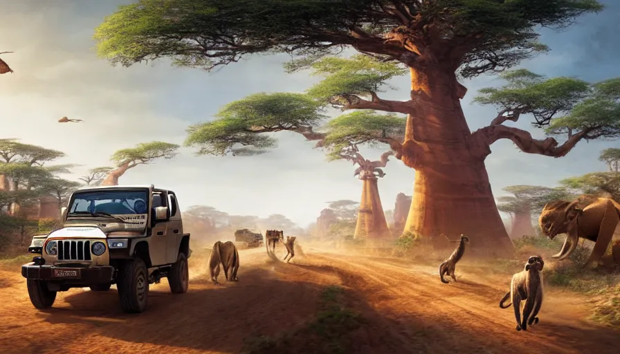 Prompt: mahindra thar driving through madagascar road with baobabs trees, animals running along, tribe members attacking, action scene, an epic fantasy, wide shot, artgerm, trending on artstation, masterpiece, by greg rutkowski, by ross tran, by fenghua zhong, octane, soft render, ultrarealistic, colorful, cinematic, midsommar