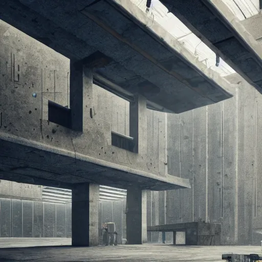 Prompt: brutalist interior with high celing and big windows, dark moody lighting, neo militarism, eco brutalism, highly detailed, excellent composition, cinematic concept art, dramatic lighting, trending on artstation