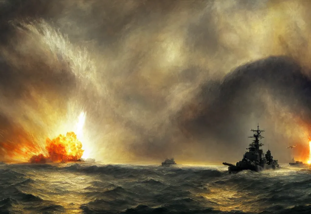 Prompt: the wwii battleship USS iowa firing a nuclear warhead at an island fortress in the style of william turner coastal landscape. dramatic concept art, 4k, high detail, volumetric lighting