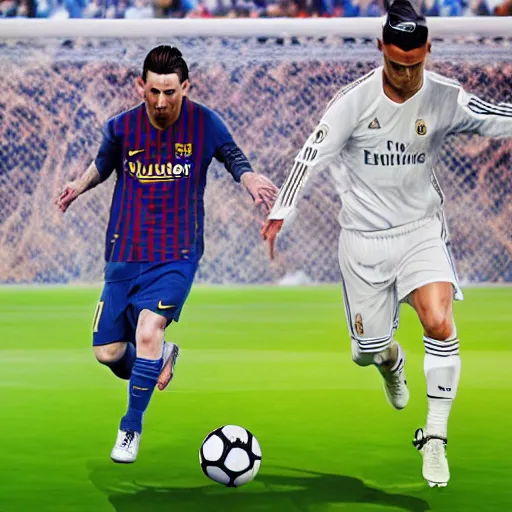 Image similar to messi and cristiano ronaldo playing football together, 8 k, 4 k uhd, realistic, hyper realistic, super detailed, very detailed, detailed