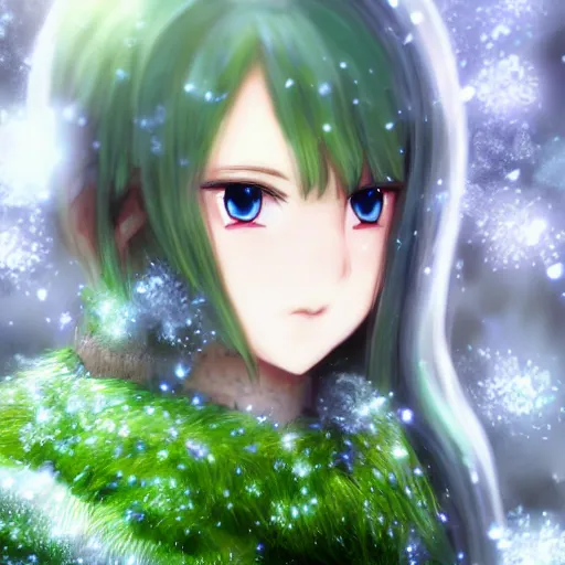 Prompt: portrait focus of knight beautiful 3D anime girl, green moss armor wearing, dark forest background, snowing, bokeh, inspired by Masami Kurumada, digital painting, high contrast, unreal engine render, volumetric lighting, high détail