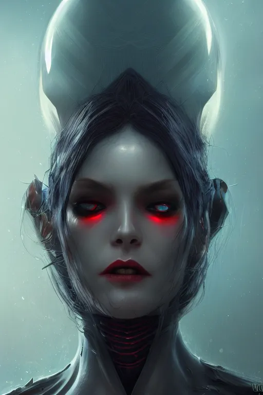 Image similar to attractive vampire female alien - cyborg, close - up portrait, intricate, elegant, volumetric lighting, scenery, digital painting, highly detailed, artstation, sharp focus, illustration, concept art, luis rollo, ruan jia, steve mccurry, john berkey