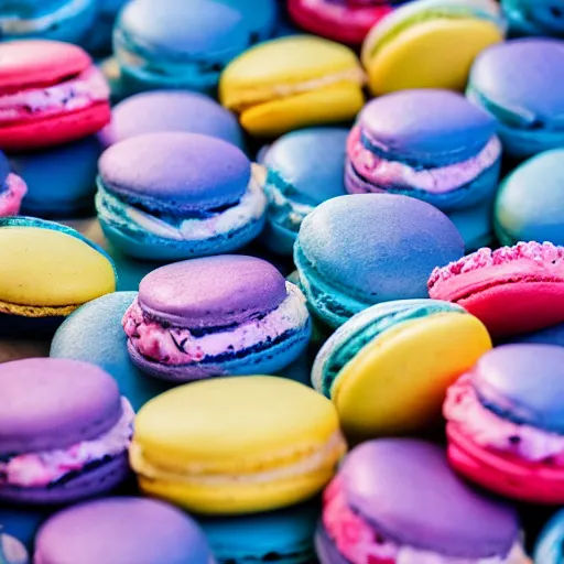 Image similar to A blue jay standing on a large basket of rainbow macarons.