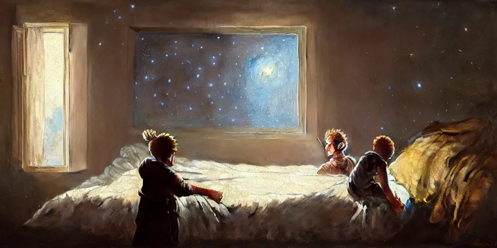 Prompt: one 5 year old boy and one 1 2 year old girl dreaming in their room with a wall and viewing the universe full of galaxies, imagination, part by norman rockwell, part by greg rutkowski, part by mattias adolfsson, high angle, ( ( ( ( volumetric lighting ) ) ) ), oil on canvas