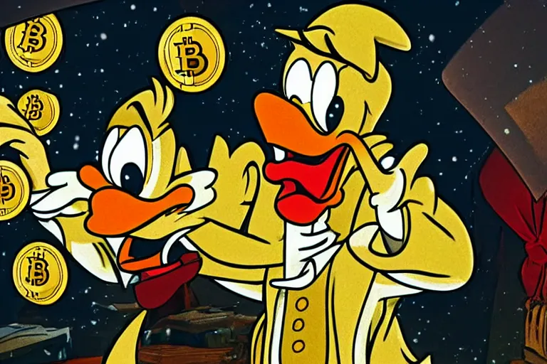 Image similar to Scrooge McDuck reacting to the Bitcoin crash, 8k, real photo, night scene, terrible