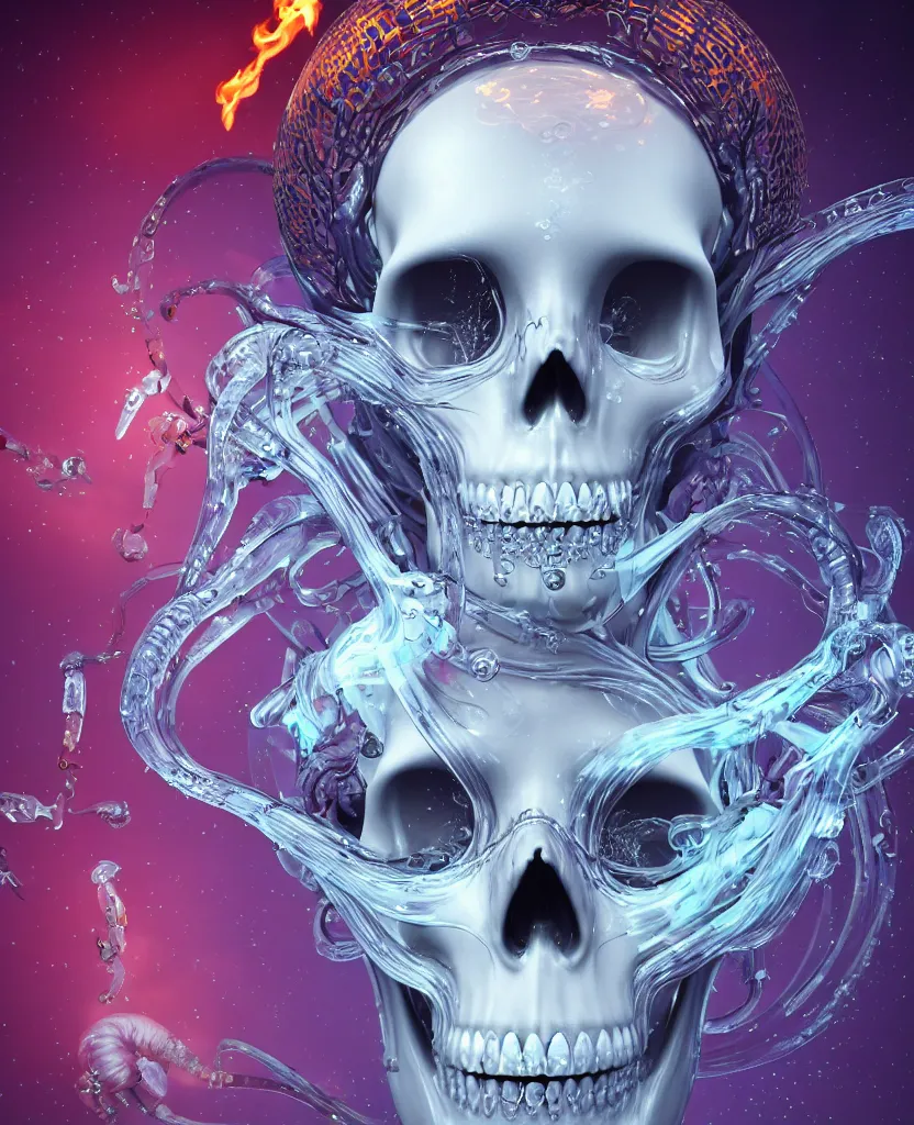 Prompt: close-up macro portrait of the face of a beautiful princess in a skull glass mask, epic angle and pose, symmetrical artwork, 3d with depth of field, blurred background, cybernetic jellyfish female face skull phoenix bird, translucent, nautilus, energy flows of water and fire. a highly detailed epic cinematic concept art CG render. made in Maya, Blender and Photoshop, octane render, excellent composition, cinematic dystopian brutalist atmosphere, dynamic dramatic cinematic lighting, aesthetic, very inspirational, arthouse. y Greg Rutkowski, Ilya Kuvshinov, WLOP, Stanley Artgerm Lau, Ruan Jia and Fenghua Zhong