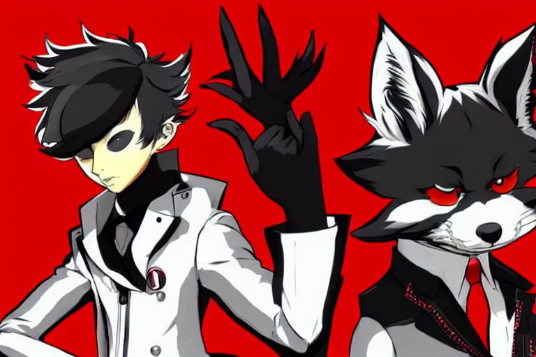 Prompt: a furry tan fox on a persona 5 : royal ( by atlus ) video game splash screen, a furry male sandcolored tan fox fursona ( has hair ), persona 5 phantom thief style