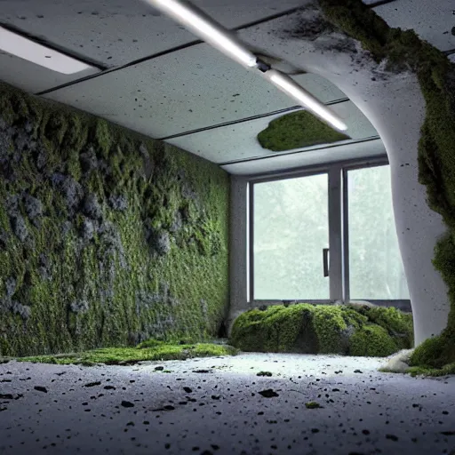 Prompt: an abandoned futuristic laboratory covered in moss and molds, highly detailed, 8k, octane render,