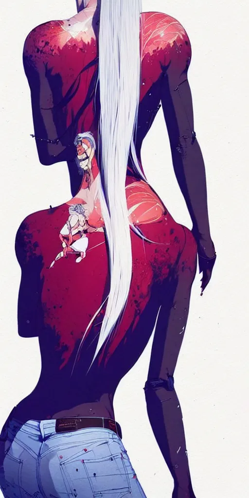 Image similar to a ultradetailed beautiful back painting of a stylish woman with white hair in a short pony tail, she is wearing jeans, by conrad roset, greg rutkowski and makoto shinkai trending on artstation