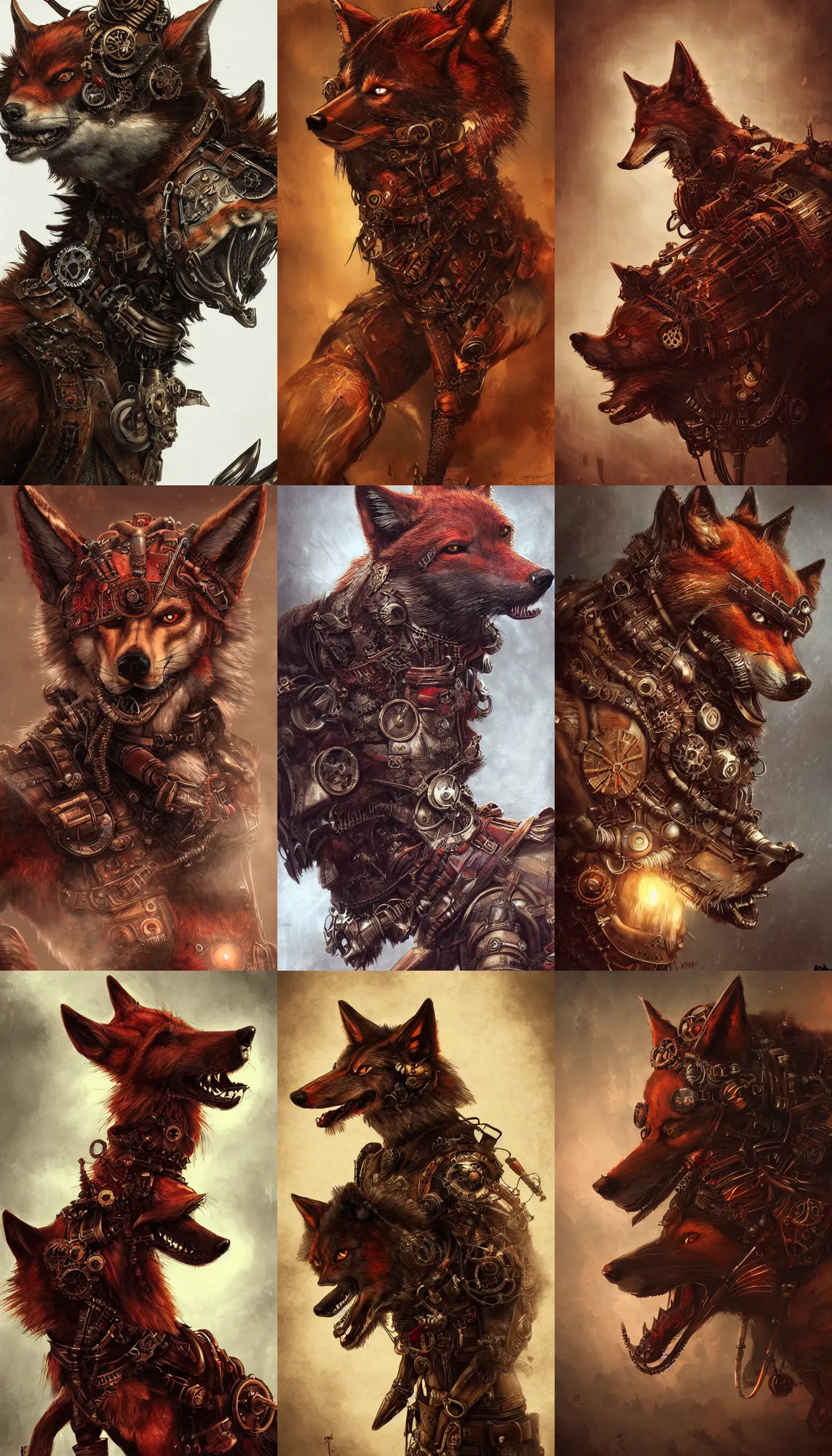 Prompt: steampunk red wolf, epic, cinematic, concept art, art station, highly detailed, fantasy, light