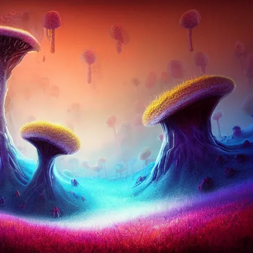 Image similar to surreal fungal realm, multidimensional, fantasy, trending on artstation, beautiful, landscape, weird, valley, field, liquid