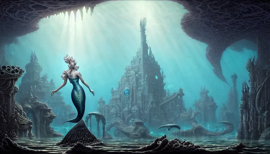 Image similar to a graceful mermaid looking at the sunken city of Atlantis deep under water, stunning undersea intricate detailed grand architecture in the style of Joe Fenton, art style by Greg Rutkowski and Mohrbacher, deep underwater scene, dark and moody, rays of sunlight, faint volumetric god rays, grim crushing atmosphere, trending on artstation, masterpiece, claustrophobic, 8k octane beautifully detailed render, post-processing, extremely hyperdetailed, intricate, epic composition, grim yet sparkling atmosphere, cinematic lighting + masterpiece, trending on artstation, very detailed