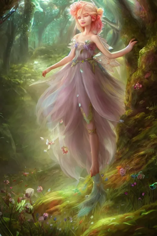 Image similar to a cute and geogerous fairy in the dreamy forest, fantasy, dreamlike, 8 k resolution, hyper detailed, d & d, character design, digital painting, trending on artstation, sharp focus, illustration, art by viktoria gavrilenko, hoang lap, fuji choko, steve zheng,