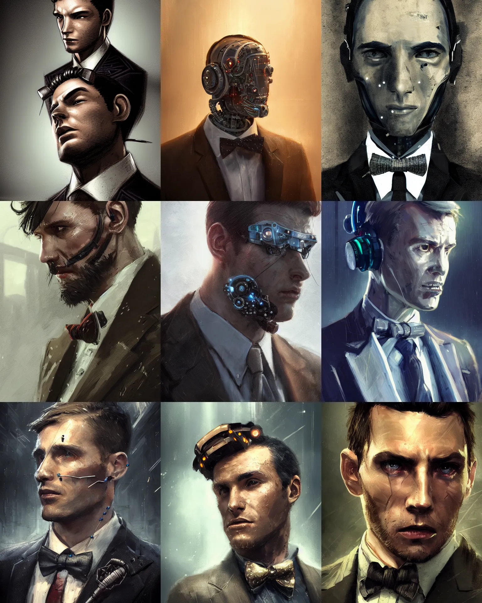 Image similar to a rugged young engineer man with cybernetic enhancements wearing a suit and bowtie, detailed face, scifi character portrait by greg rutkowski, esuthio, craig mullins, 1 / 4 headshot, cinematic lighting, dystopian scifi gear, gloomy, profile picture, mechanical, half robot, implants, steampunk