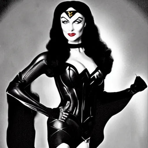 Image similar to Morticia Addams as Wonder woman