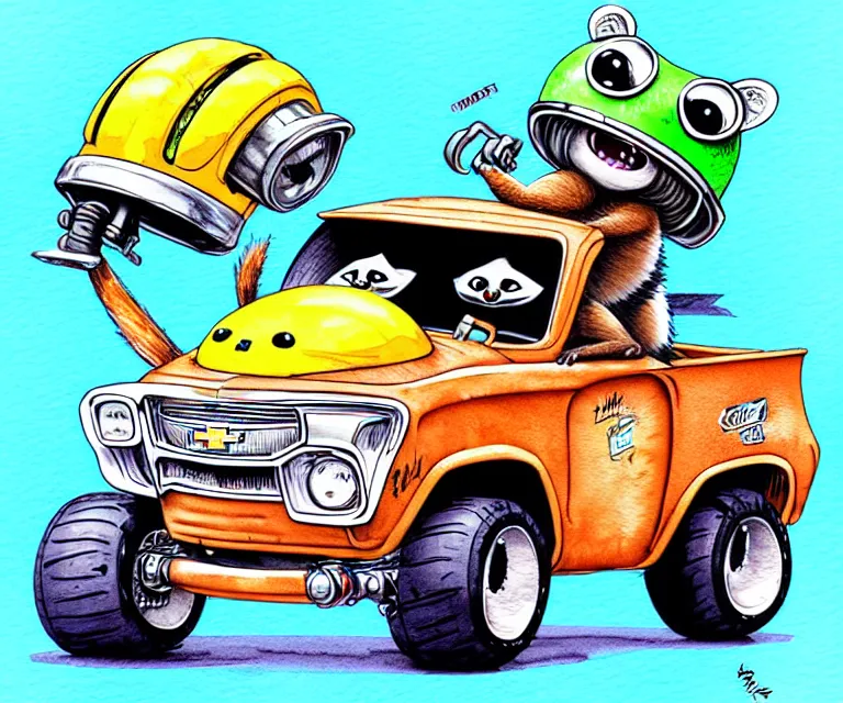 Image similar to cute and funny, racoon wearing a helmet riding in a tiny hot rod shortbed chevy truck with oversized engine, ratfink style by ed roth, centered award winning watercolor pen illustration, isometric illustration by chihiro iwasaki, edited by range murata