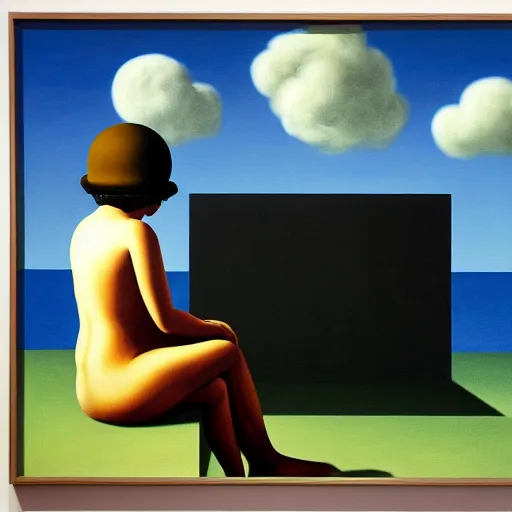 Prompt: conceptual painting called 'today I am thinking about death by René Magritte and Edward Hopper, oil on Canvas.