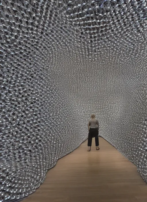 Image similar to a figurative sculpture made of five thousand tightly packed reflective spheres of various sizes