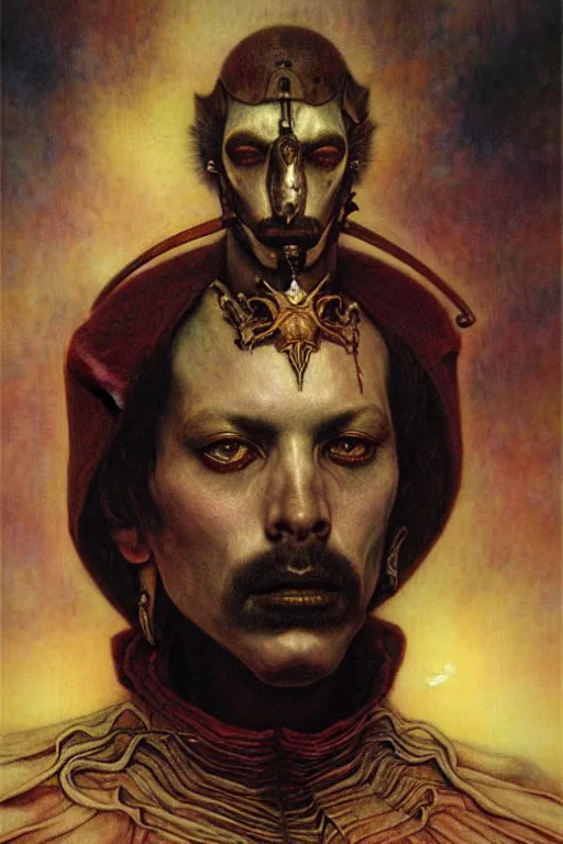 Prompt: a portrait of conquistador by wayne barlowe, gustav moreau, goward,  Gaston Bussiere and roberto ferri, santiago caruso, and austin osman spare, ((((occult art))))