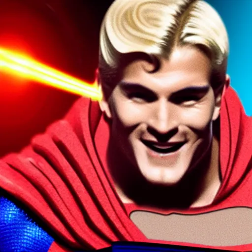 Prompt: blonde Superman smiling menacingly, lasers shooting out of eyes