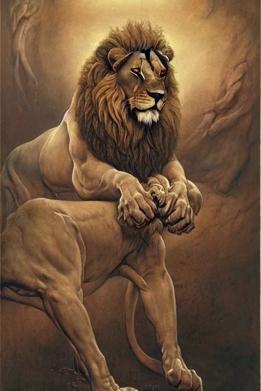 Prompt: portrait of a lion in the style of wayne barlowe, gustav moreau, goward, bussiere, roberto ferri, santiago caruso, luis ricardo falero, austin osman spare