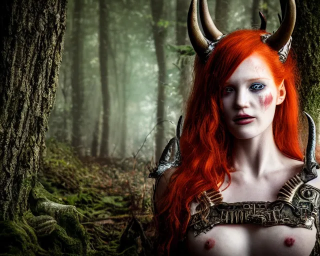 Image similar to 5 5 mm portrait photo of an armored gorgeous anesthetic redhead woman warrior with a face tattoo and horns growing from her head, in a magical forest. by luis royo. highly detailed 8 k. intricate. lifelike. soft light. nikon d 8 5 0. cinematic post - processing