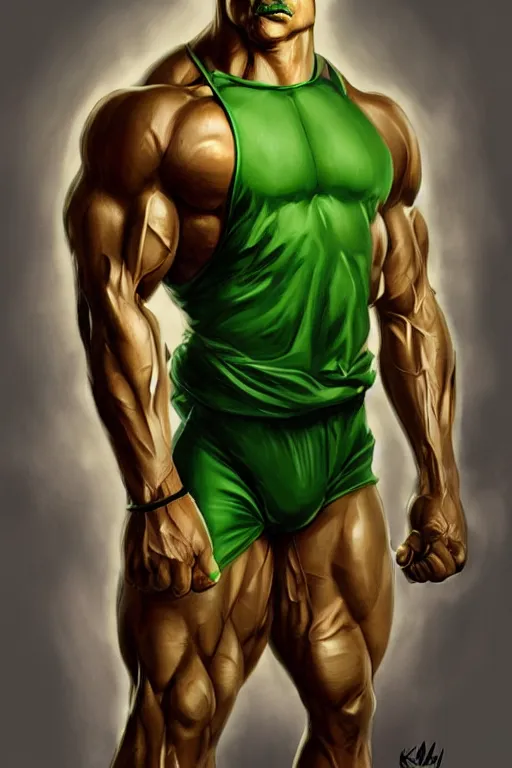 Image similar to muscular luigi wearing a green jumpsuit by ilya kuvshinov, bodybuilder ernest khalimov, super mario bros symmetrical face concept art, hyper realistic, intricate, elegent, highly detailed, digital painting, concept art, smooth, sharp, focus, illustration, art by artgerm and greg rutkowski and alphonse mucha, artstation