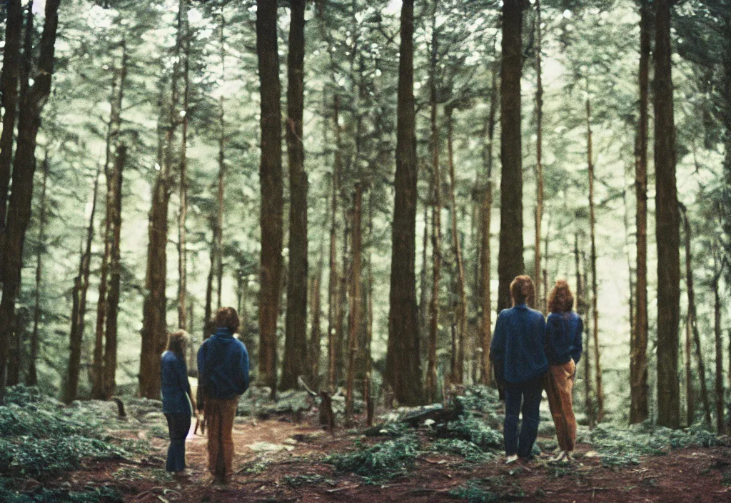 Image similar to lomo photo of two humans standing in front of a large forest cabin, cinestill, bokeh, out of focus, day, dramatic lighting