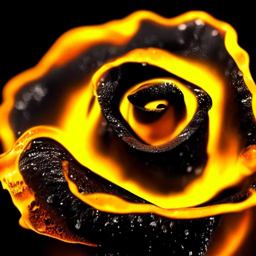 Image similar to award - winning macro of a beautiful black rose made of glowing molten magma