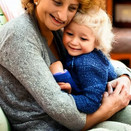 Prompt: An elderly lady has her little 3-year-old baby girl sitting on her lap. They are both happy.