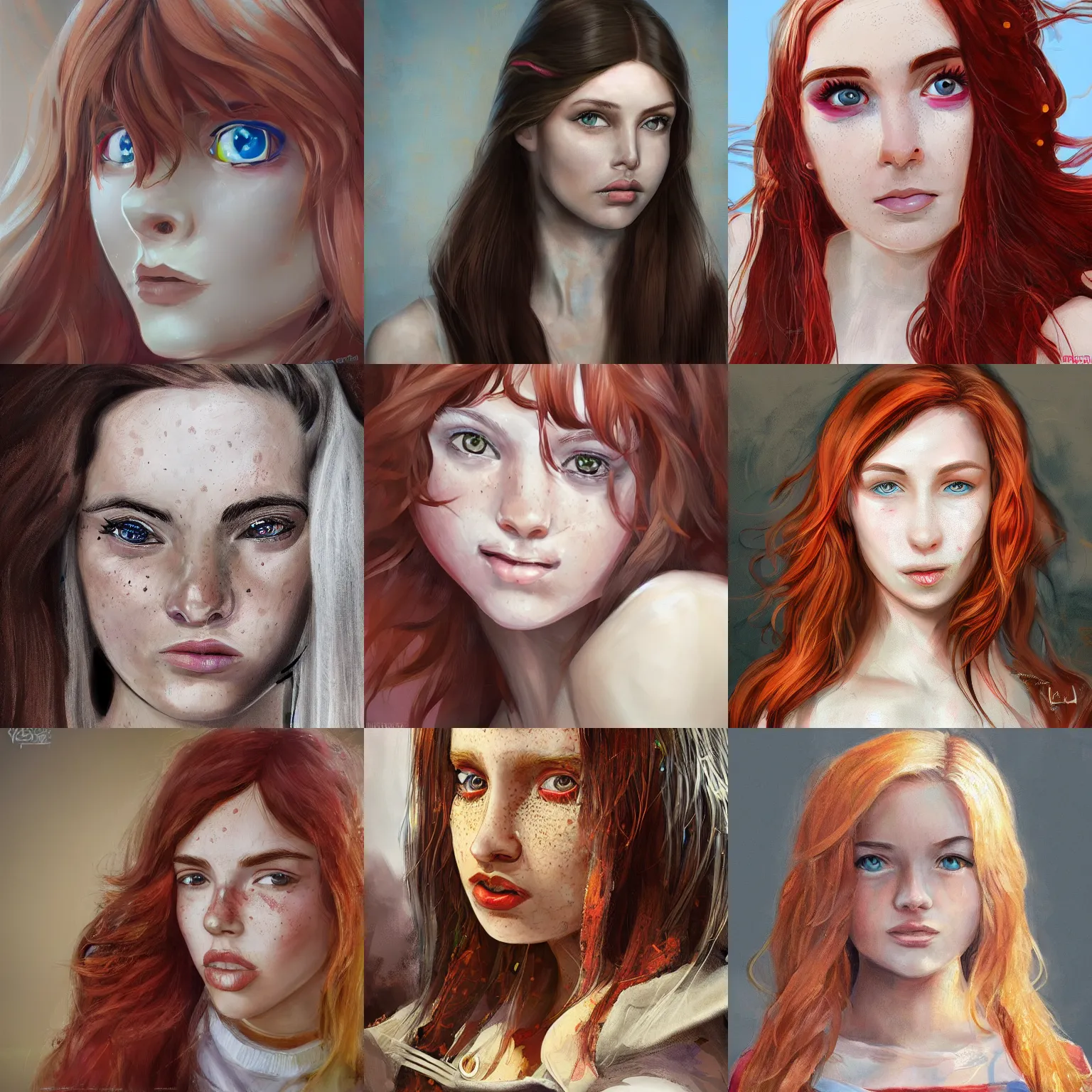 Image similar to portrait of a teen girl with freckles with long red hair and bright brown eyes, 8 k, highly detailed, digital painting, artstation, sharp focus, illustration