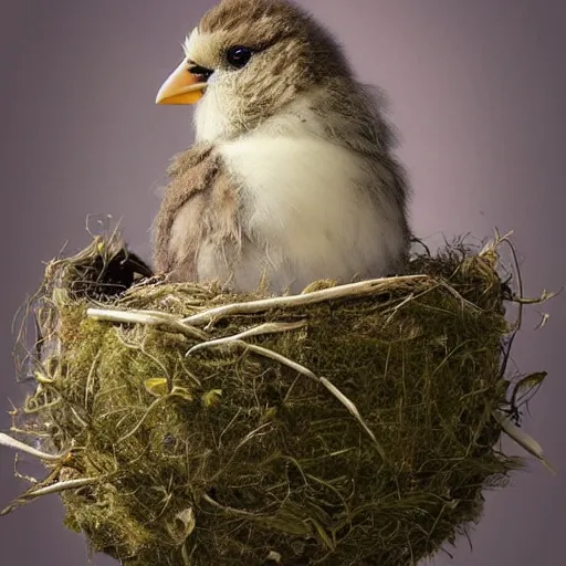 Prompt: long shot of a very fluffy sparrow chick nesting in a floral cup, esao andrews, by m. w. kaluta, by artgerm, humorous illustration, hyperrealistic, tilt shift, warm colors, night scenery, low light, 3 d octane render, 4 k, volumetric lights, smooth, cosy atmosphere, conceptart, hyperdetailed, trending on deviantart