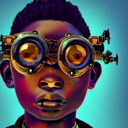 Image similar to colourful vfx upper half - portrait - art of a nigerian boy wearing steam punk goggles, art by utagawa kunisada & james jean, symmetrical, intricate detail, concept art, volumetric light, ray tracing, digital illustration, octane 3 d render, unreal engine, sharp, 8 k post process, pinterest, behance, art station,