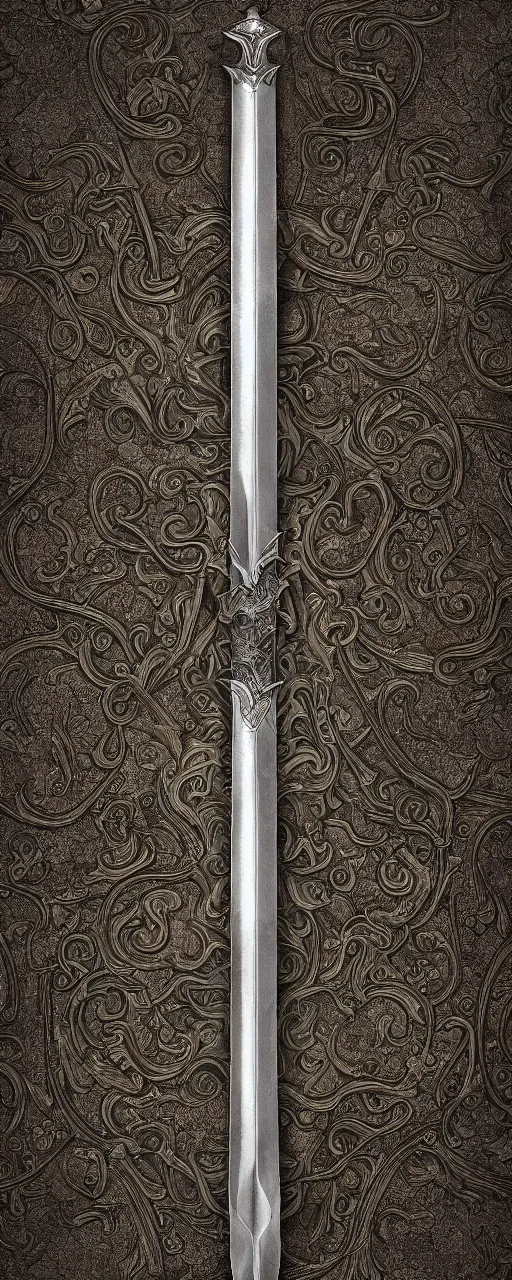 Image similar to sword of justice hanging on a wall, ornate gem in pommel, engraved blade, serrated point, herringbone floor, low angle, museum display, greg rutkowski