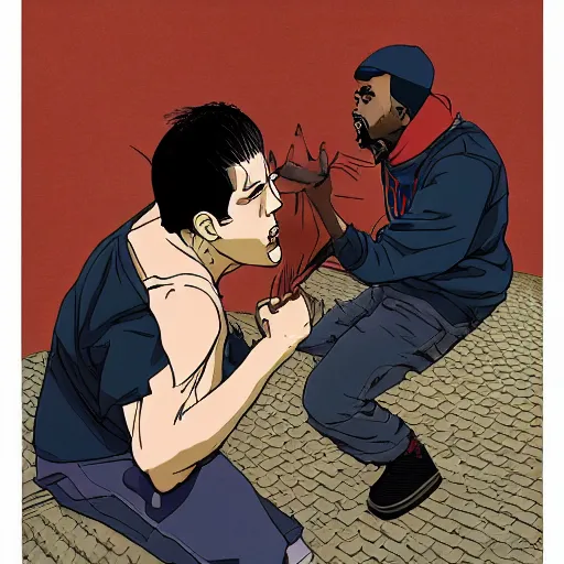 Image similar to An illustration of Kanye West beating up Pete Davidson by Katsuhiro Otomo, comic book style, 8K concept art, cel shaded, anime