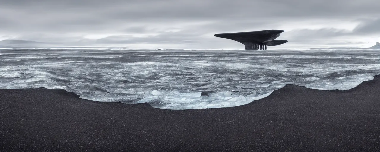 Image similar to cinematic shot of giant symmetrical futuristic military spacecraft landing on an endless black sand beach in iceland with icebergs in the distance, 2 8 mm, shockwave